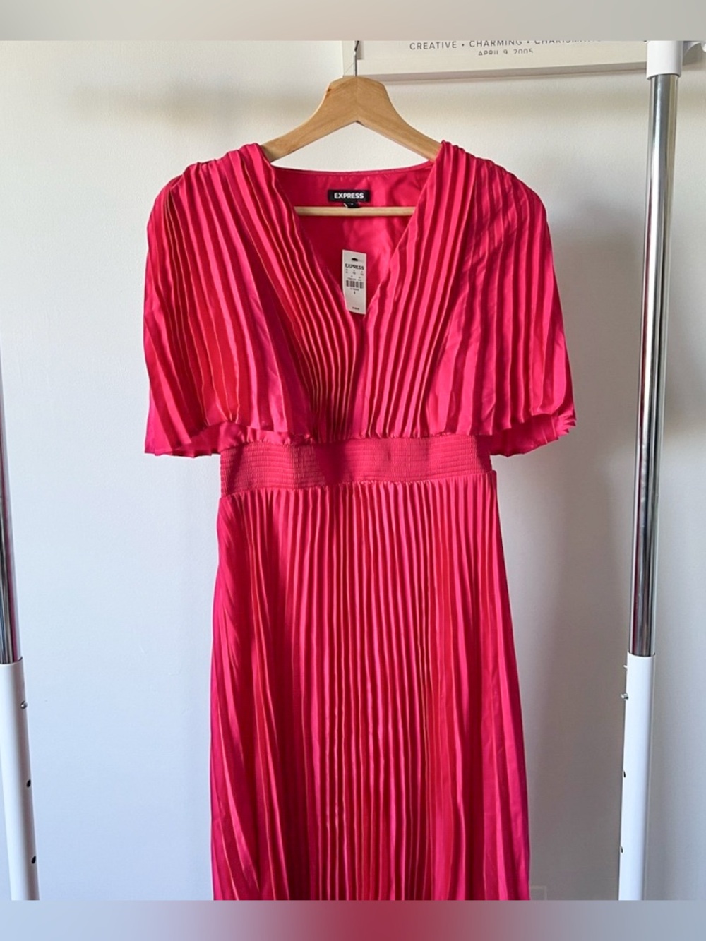 Express Magenta Pleated Midi Sundress with Puff Sleeves